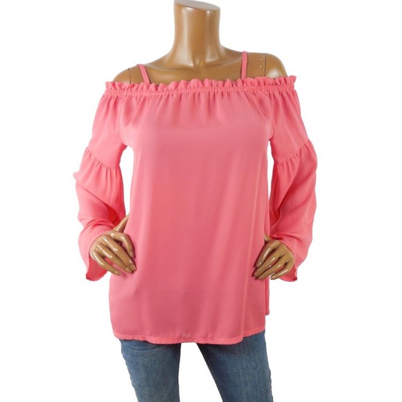 INC International Concepts Tops - INC Top M Off The Shoulder Blouse Adjustable Straps Coral Flared Long Sleeves